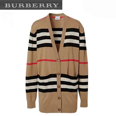 BURBERRY-80161691 버버리 베이지 아이콘 스트라이프 메리노 울 카디건