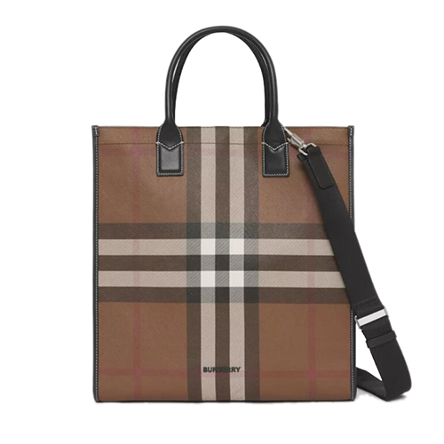 BURBERRY-80491171 버버리 다크 버치 브라운 체크 E-캔버스 레더 토트