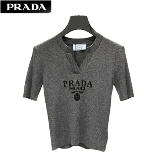 PRADA-070212 프라다 그레이 니트 코튼 V 넥 티셔츠 여성용