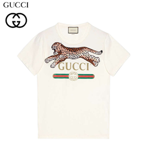 GUCCI-493117 9169 구찌 화이트 코튼 레오파드 장식 구찌 로고 티셔츠